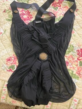 Jean Paul Gaultier Black Sheer Camisole with Gold-Tone Medallion